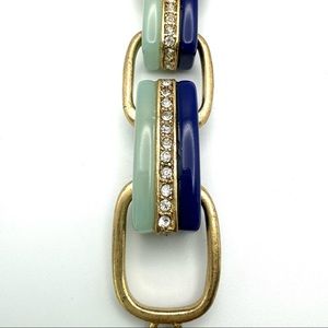 J.Crew Gold-Tone Blue Jade Green Rhinestone Acrylic Link Bracelet Chunky Sz 6